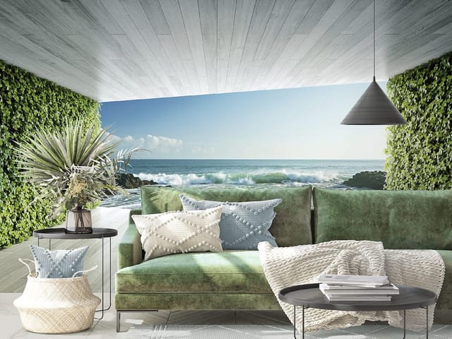 Fototapeta Widok na ocean z tarasu (mpn: 6757) Fototapeta z widokiem na ocean przez otwarte pomieszczenie z drewnianą podłogą i zielonymi ścianami.