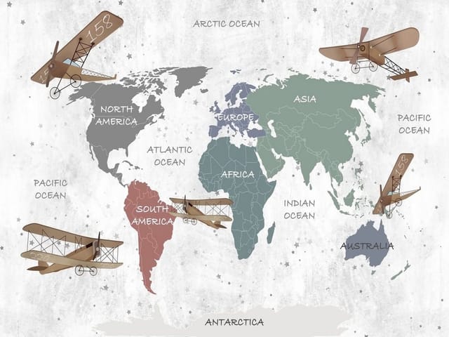 Fototapeta Mapa świata z samolotami vintage (mpn: 6775) Fototapeta z mapą świata, samolotami vintage i gwiazdkami