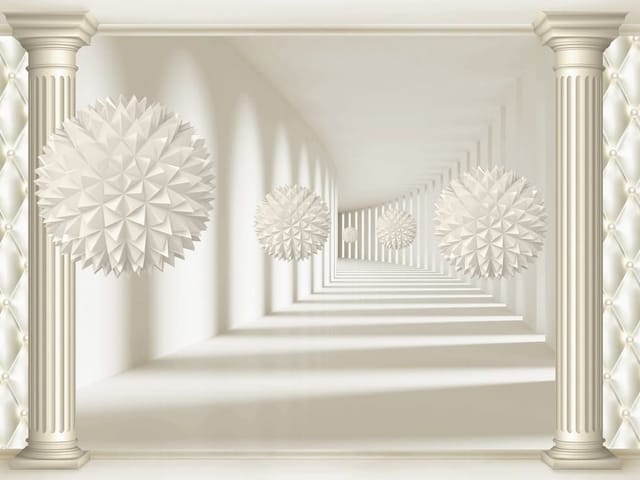 Fototapeta Geometryczne kule w tunelu (mpn: 6885) Fototapeta z geometrycznymi kulami w jasnym korytarzu z kolumnami