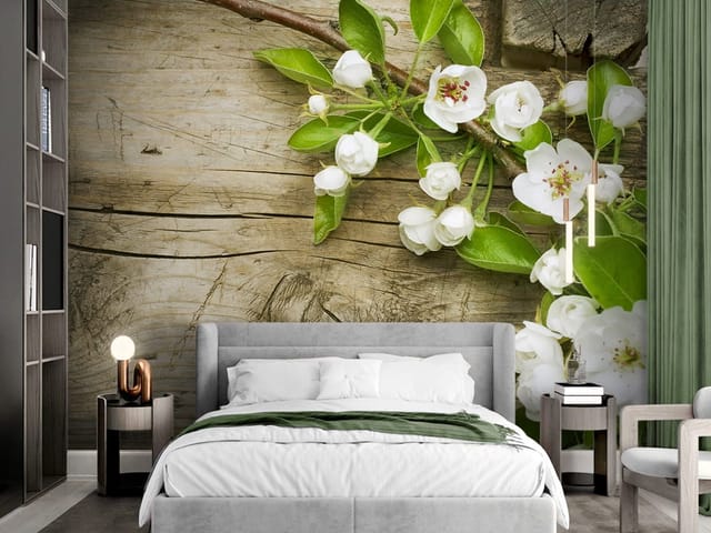 Fototapeta Gałązka z Kwiatami na Drewnie