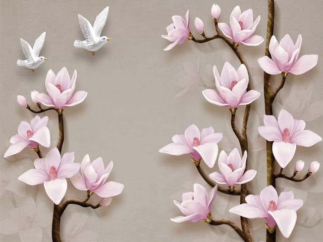 Fototapeta z gałązkami magnolii o różowych płatkach i dwa białe ptaki