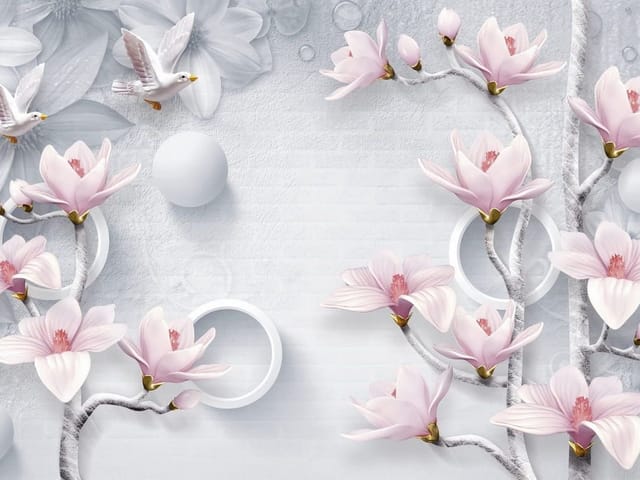 Fototapeta z magnoliami na gałęziach, białe okręgi i szare tło