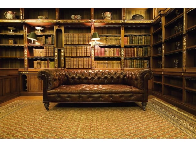 Fototapeta z regałami książkowymi i skórzaną kanapą w bibliotece