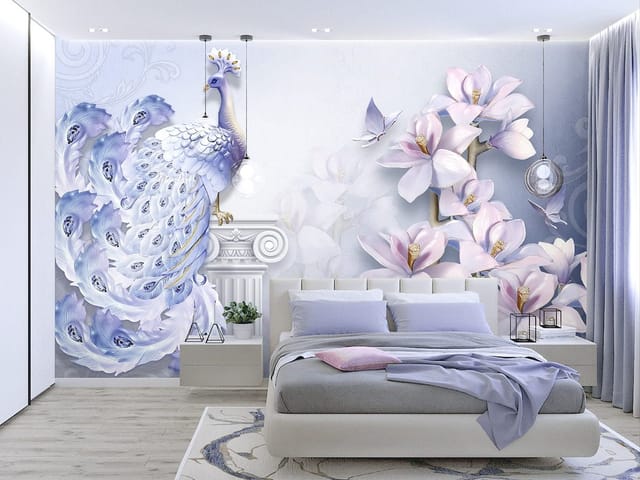 Fototapeta z pawiem na klasycznej kolumnie i magnoliami