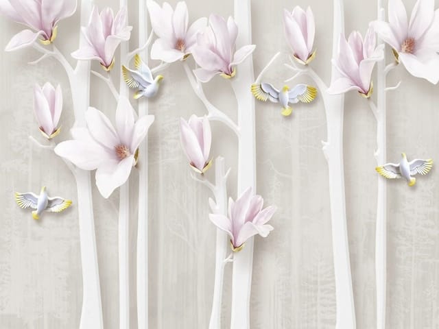 Fototapeta z różowymi kwiatami magnolii na białych gałęziach