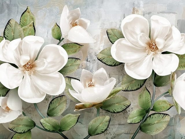 Fototapeta z dużymi białymi kwiatami magnolii i zielonymi liśćmi