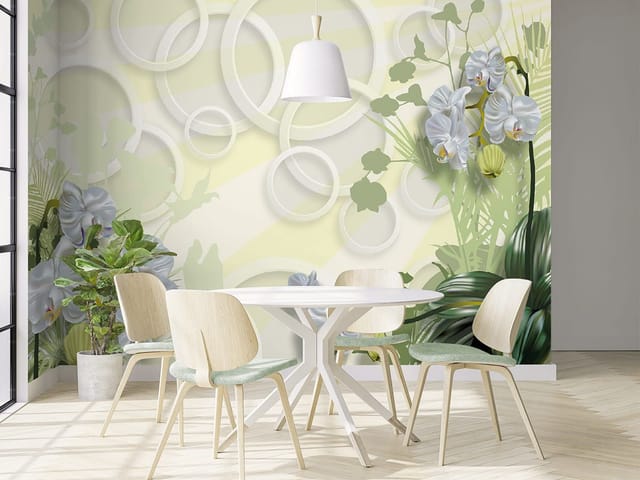 Fototapeta Orchidee na tle liści (mpn: 6931) Fototapeta z białymi orchideami i zielonymi liśćmi na pastelowym tle