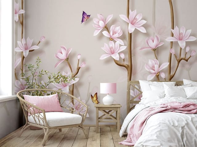 Fototapeta z kwiatami magnolii na brązowych gałęziach i jasnym tle