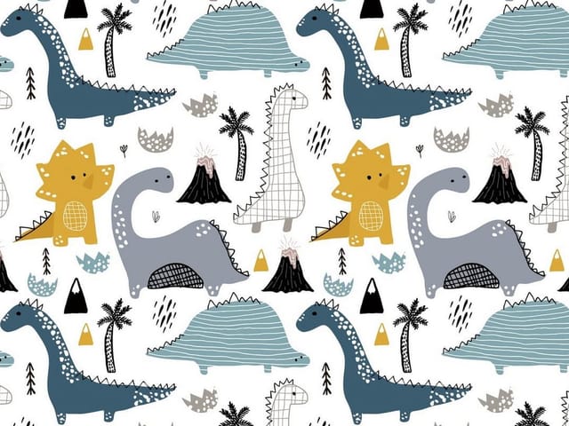 Fototapeta z kolorowymi dinozaurami, wulkanami i palmami na białym tle