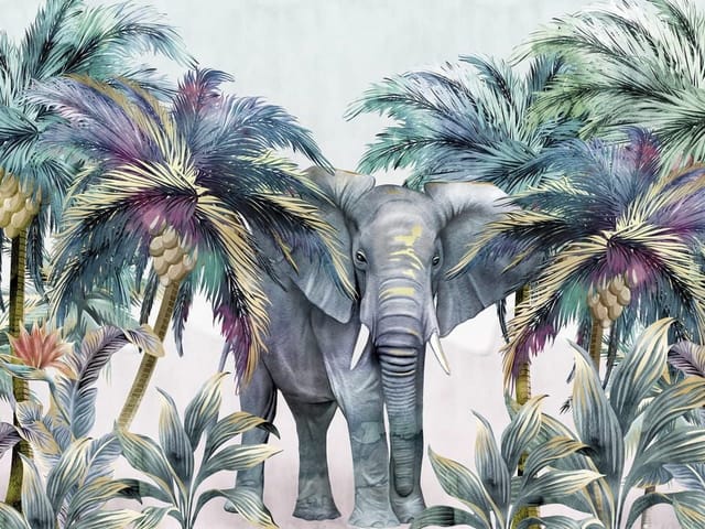 Fototapeta Słoń wśród tropikalnych palm (mpn: 7001) Fototapeta z motywem słonia w otoczeniu tropikalnych palm i kolorowych liści
