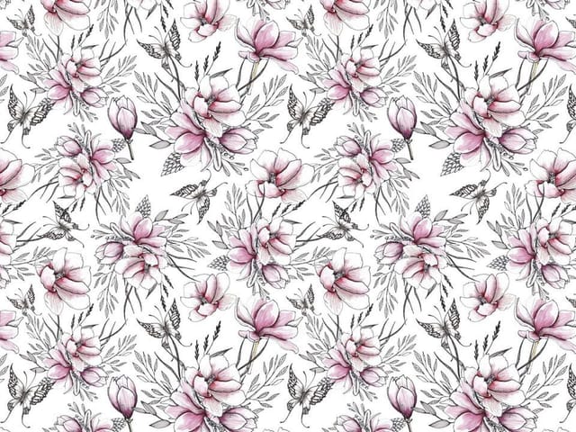 Fototapeta z kwiatami magnolii i delikatnymi liśćmi na białym tle