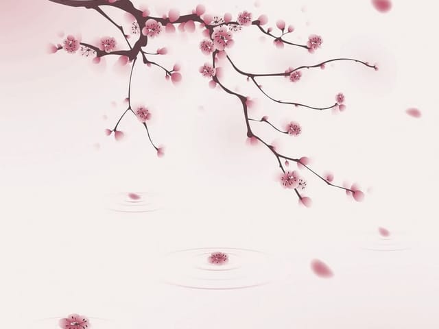 Fototapeta z gałęzią drzewa sakury i unoszącymi się płatkami na jasnym tle