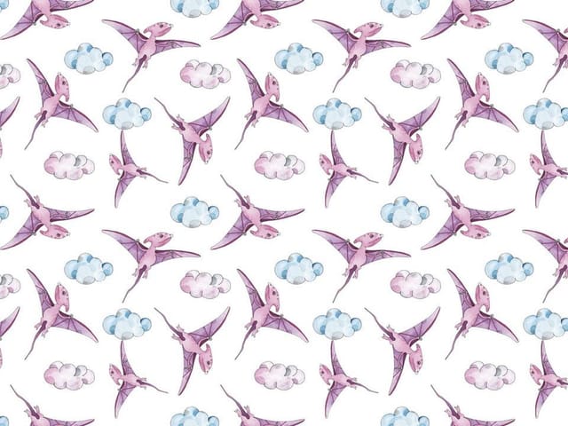 Fototapeta z fioletowymi pterodaktylami na białym tle i chmurami