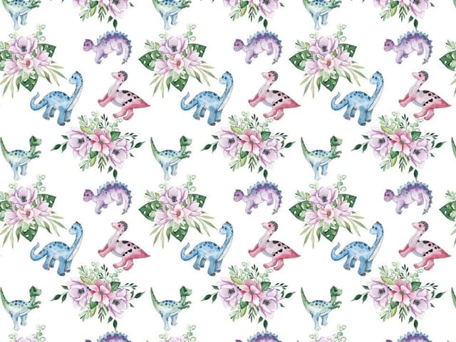 Fototapeta z kolorowymi dinozaurami i pastelowymi kwiatami