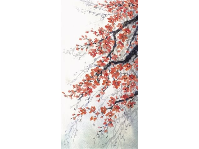 Fototapeta z gałęzią sakury i czerwonymi kwiatami na pastelowym tle