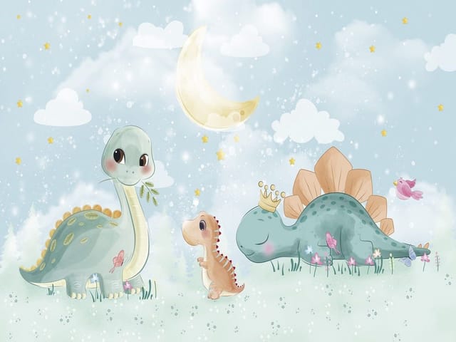 Fototapeta z trzema uroczymi dinozaurami na łące, księżyc i gwiazdy w tle