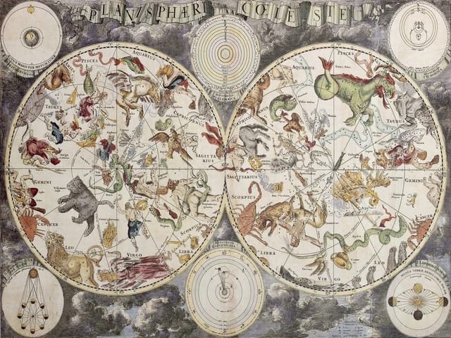 Fototapeta z dwoma okrągłymi mapami nieba i konstelacjami zwierząt