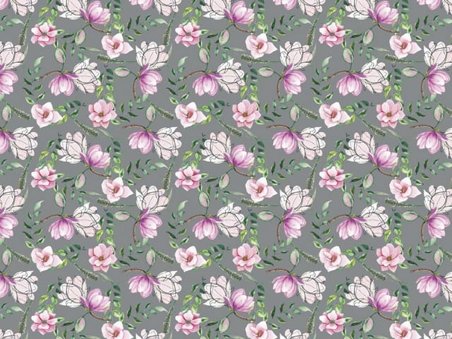 Fototapeta z różowymi magnoliami i zielonymi liśćmi na szarym tle