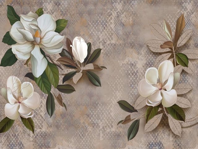 Fototapeta z dużymi białymi kwiatami magnolii i zielonymi liśćmi na beżowym tle