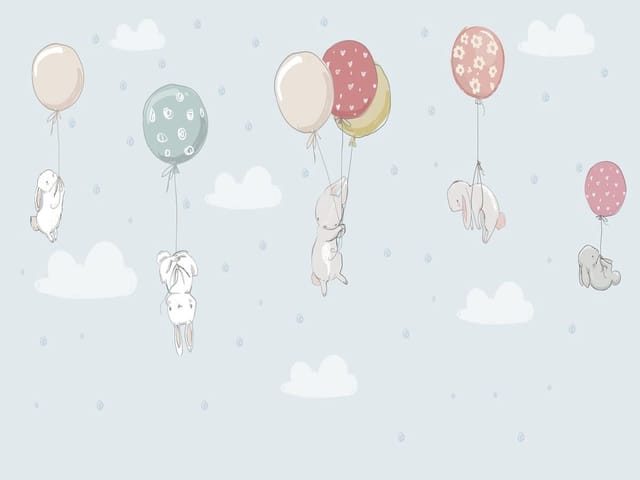 Fototapeta z królikami unoszącymi się z balonami na tle nieba