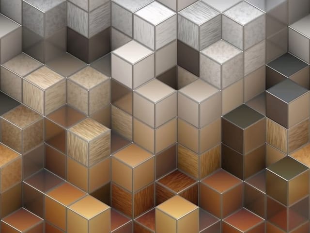 Fototapeta Trójwymiarowe geometryczne sześciany (kod: 7223) Fototapeta z trójwymiarowymi sześcianami w odcieniach brązu i szarości