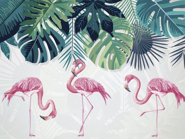Fototapeta Flamingi wśród zieleni (mpn: 7230) Fototapeta z trzema różowymi flamingami na tle zielonych liści