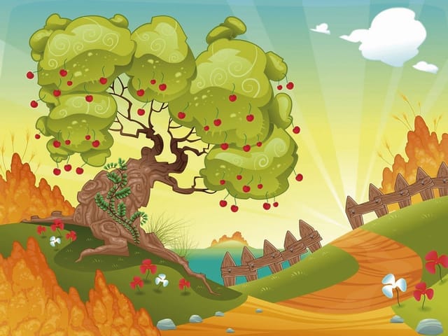 Fototapeta Drzewo z owocami i wzgórza