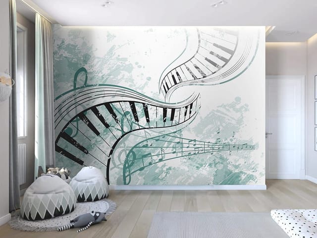 Fototapeta z falującymi klawiszami fortepianu i nutami na tle abstrakcji