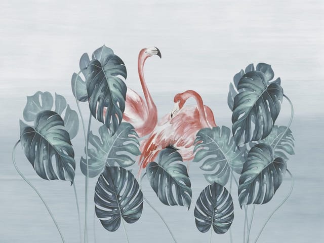 Fototapeta Flamingi wśród liści monstery (mpn: 7326) Fototapeta z dwoma flamingami otoczonymi liśćmi monstery na jasnym tle