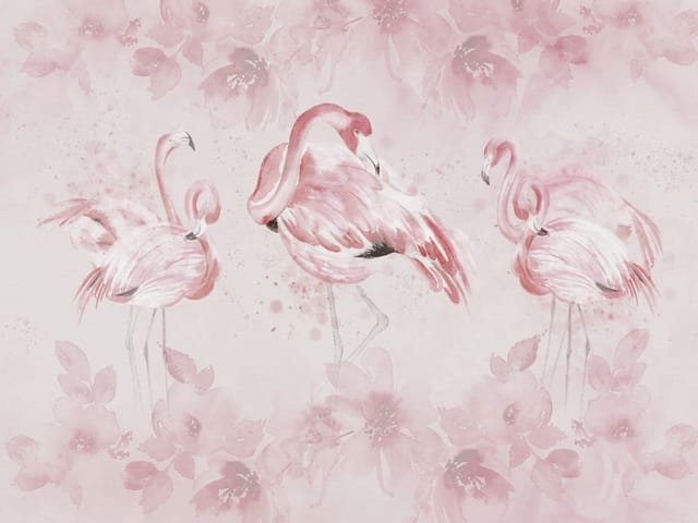 Fototapeta Różowe Flamingi i Kwiaty (mpn: 7353) Fototapeta z trzema różowymi flamingami i kwiatami w tle