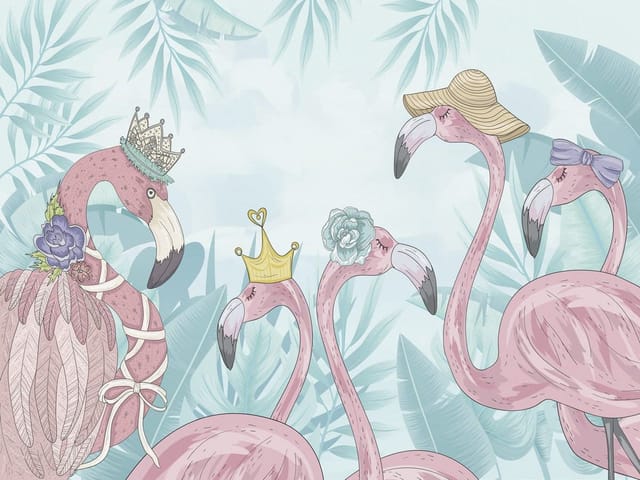 Fototapeta z flamingami w ozdobnych kapeluszach na tle pastelowych liści