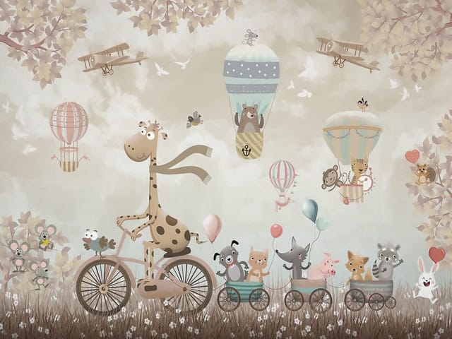 Fototapeta Zwierzęta na rowerze z balonami (mpn: 7440) Fototapeta z żyrafą na rowerze, wagonikami i balonami na tle drzew
