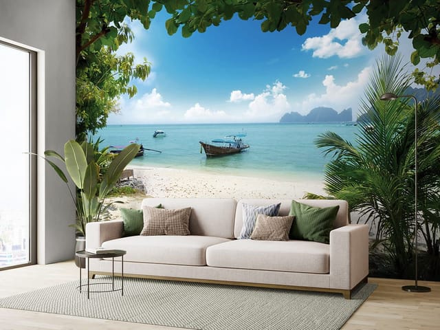 Fototapeta Plaża z łodziami i palmami