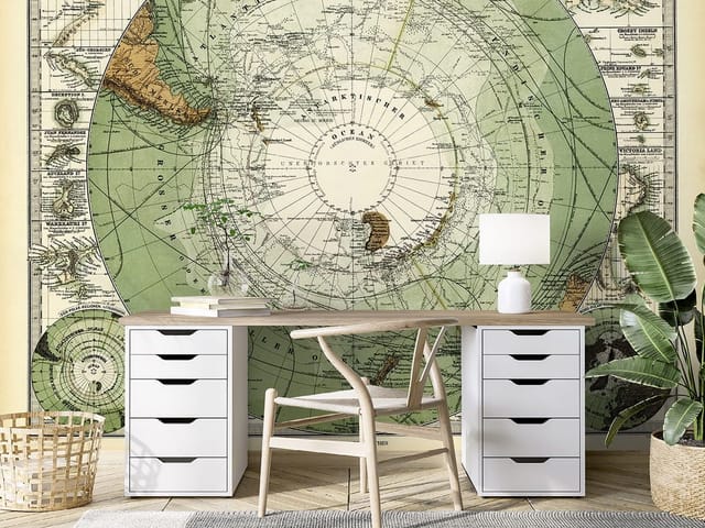Fototapeta Stara mapa Antarktydy w okręgu (mpn: 7477) Fototapeta przedstawiająca starą mapę Antarktydy z kontynentami i niemieckimi napisami