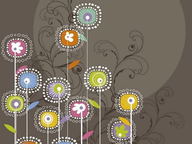 Fototapeta z abstrakcyjnymi kwiatami i geometrycznymi wzorami na ciemnym tle