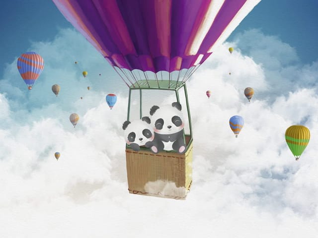 Fototapeta z dwoma pandami w balonie na ogrzane powietrze i kolorowymi balonami