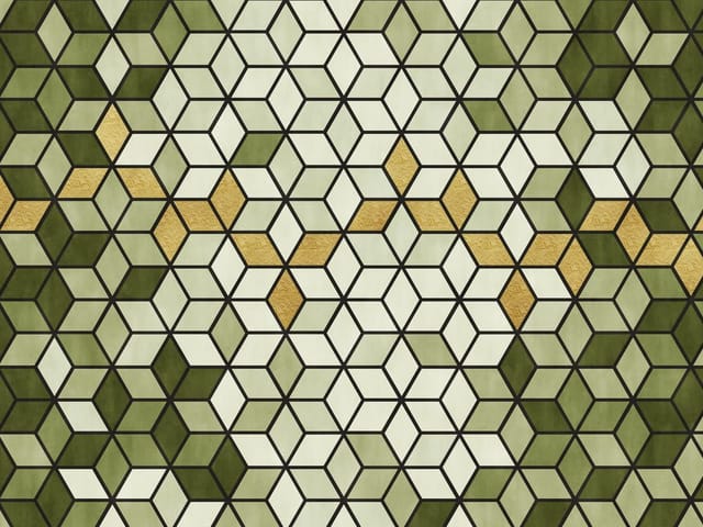 Fototapeta Geometryczny wzór z sześcianów (mpn: 7498) Fototapeta z geometrycznym wzorem sześcianów w zielonych i żółtych odcieniach