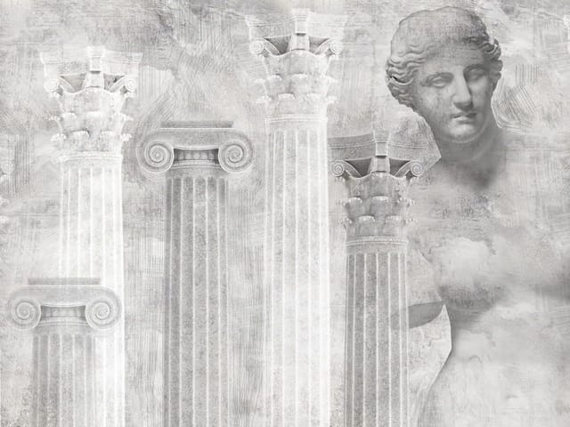 Fototapeta Starożytne kolumny i rzeźba (mpn: 7539) Fototapeta z kolumnami korynckimi i rzeźbą kobiecej głowy na tle marmuru