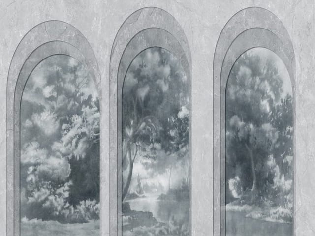 Fototapeta Pejzaż za łukowymi oknami (mpn: 7588) Fototapeta z trzema łukowymi oknami, drzewa, chmury i woda