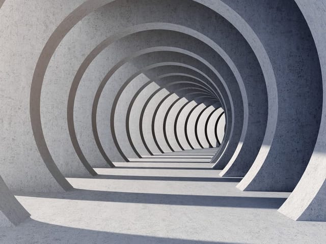 Fototapeta z betonowym tunelem i powtarzającymi się łukami w perspektywie 3D