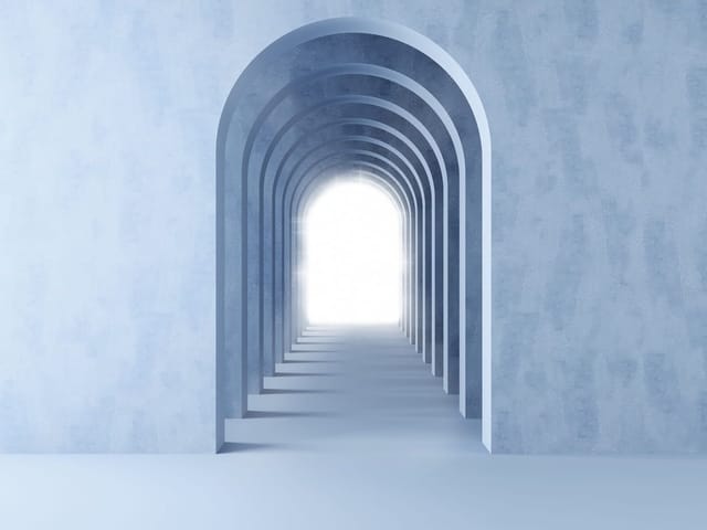 Fototapeta 3D Tunel z Łukowatymi Przejściami (mpn: 7602) Fototapeta z łukowatymi przejściami w tunelu, jasne światło na końcu