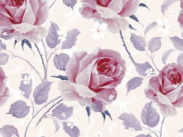 Fototapeta Różowe róże na jasnym tle (kod: 7649) Fototapeta z dużymi różowymi różami i fioletowymi liśćmi na jasnym tle