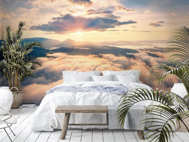 Fototapeta Chmury nad Górskim Krajobrazem (mpn: 7714) Fototapeta z chmurami nad doliną i górami w tle, oświetlona zachodzącym słońcem.