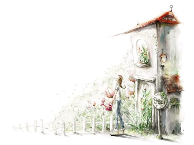 Fototapeta Kobieta z konewką w ogrodzie