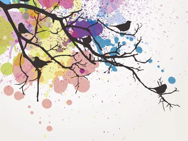 Fototapeta z czarną gałęzią i ptakami na tle kolorowych plam