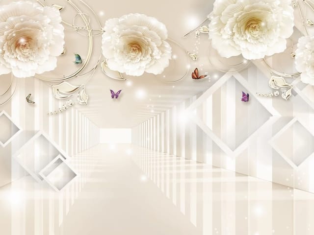 Fototapeta 3D tunel z białymi kwiatami (mpn: 7778) Fototapeta z dużymi białymi kwiatami na tle geometrycznych kształtów