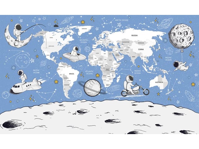Fototapeta Astronauci na mapie świata (mpn: 7811) Fototapeta z astronautami na tle mapy świata, księżyc, gwiazdy