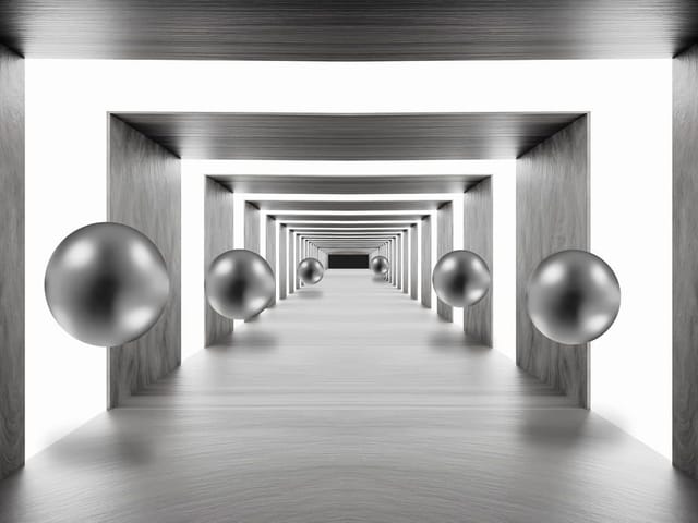 Fototapeta Srebrne kule w tunelu 3D (mpn: 7845) Fototapeta z futurystycznym korytarzem i srebrnymi kulami