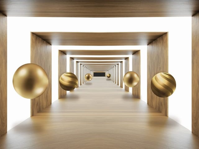 Fototapeta 3D z drewnianym tunelem i złotymi kulami