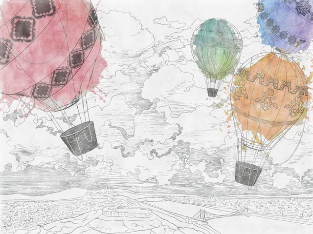 Fototapeta z kolorowymi balonami na ogrzane powietrze i panoramą miasta